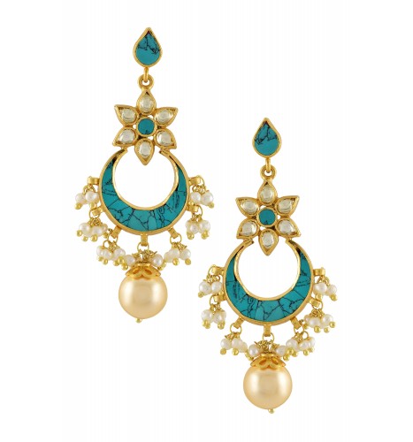 Silver Gold Plated Turquoise Pearl Drop Flower Chaand Earrings
